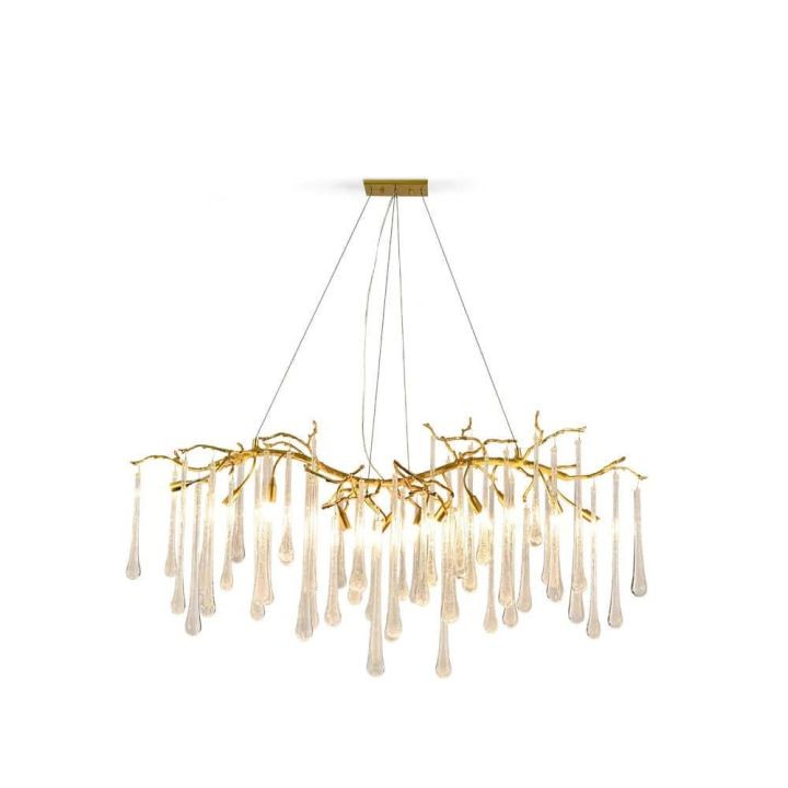 Linear Branching Brass Chandelier with Crystal Drops
