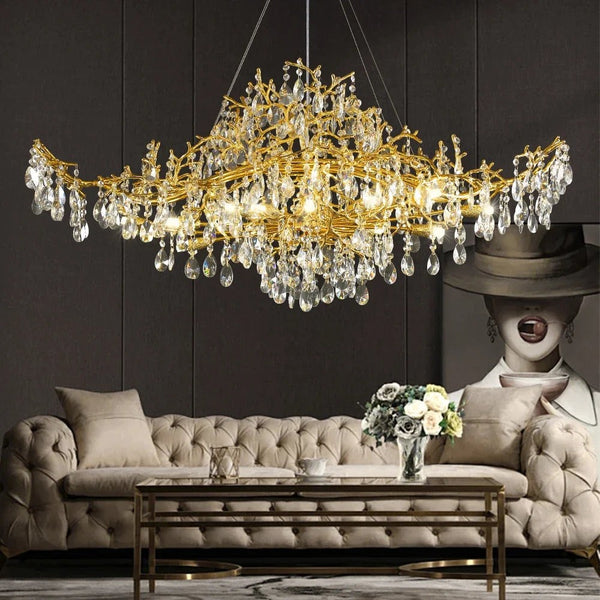 Linear Branching Gold Aluminum and Crystal Chandelier
