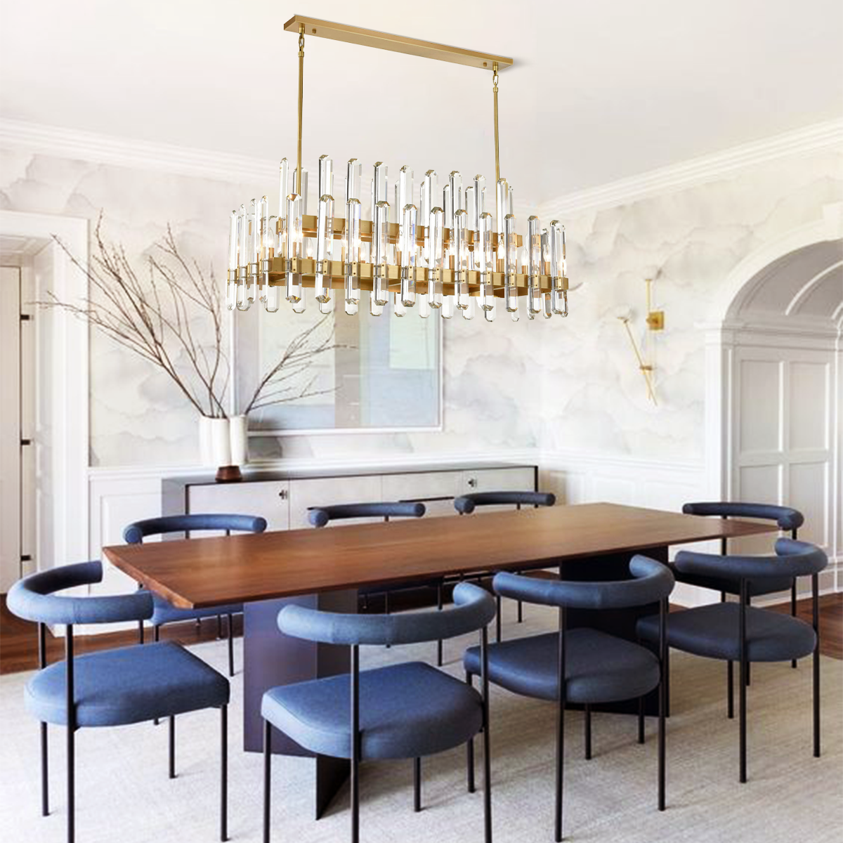 Linear Brass and Crystal Bar Chandelier