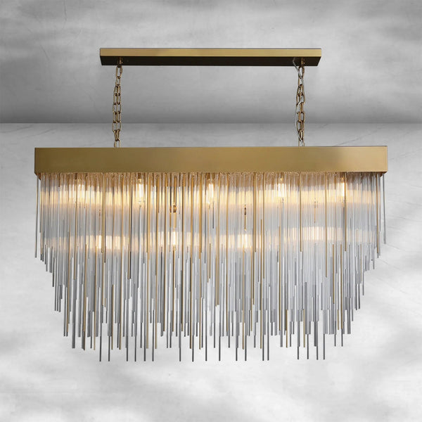 Linear Brass and Glass Rod Rain Chandelier