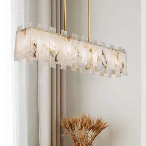 Linear Brass Bar and Alabaster Shade Chandelier