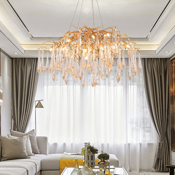 Linear Brass Boat Frame Crystal Branch Chandelier