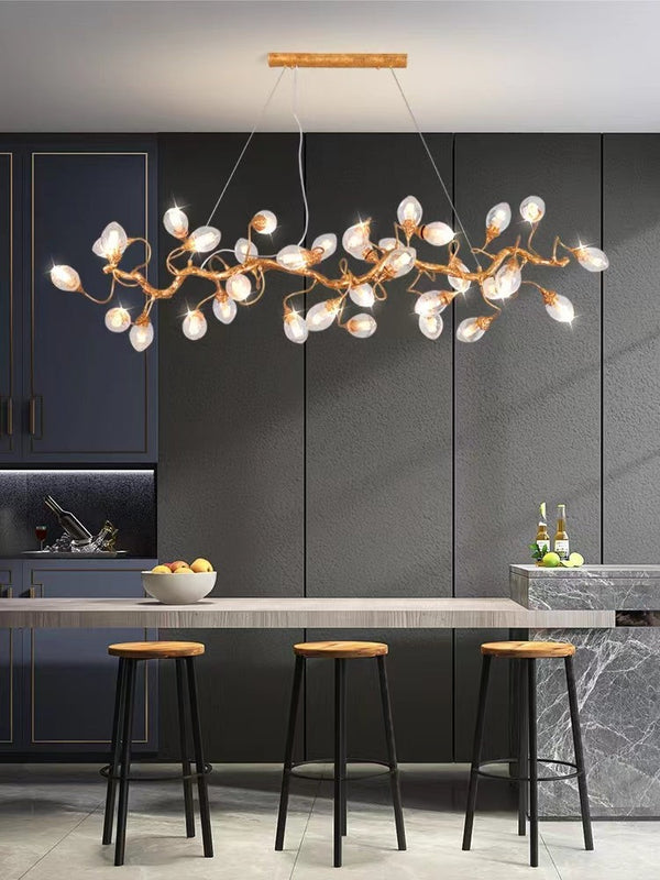 Linear Brass Branch and Bubble Glass Chandelier