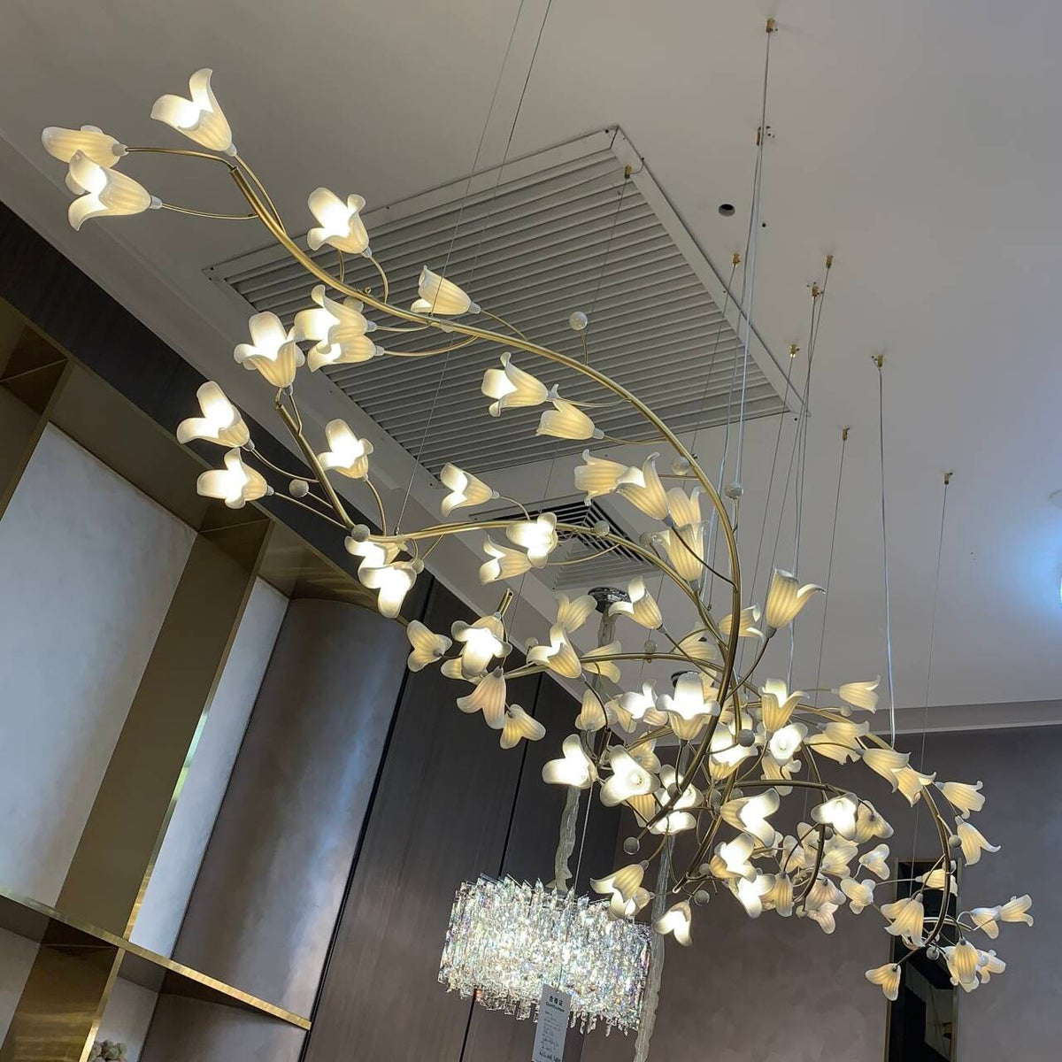 Linear Brass Branch Chandelier with Ceramic Blossoms