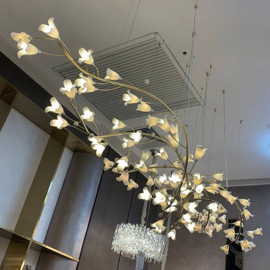 Linear Brass Branch Chandelier with Ceramic Blossoms