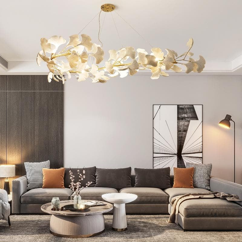 Linear Brass Branch Chandelier with Ceramic Ginkgo Petals
