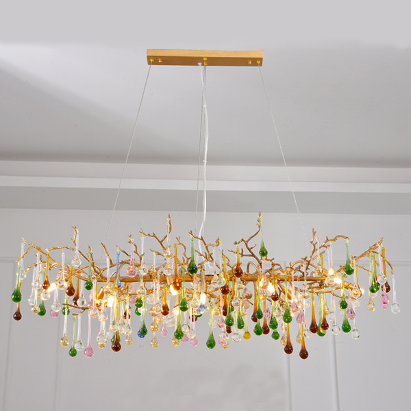 Linear Brass Branch Chandelier with Colored Crystal Beads