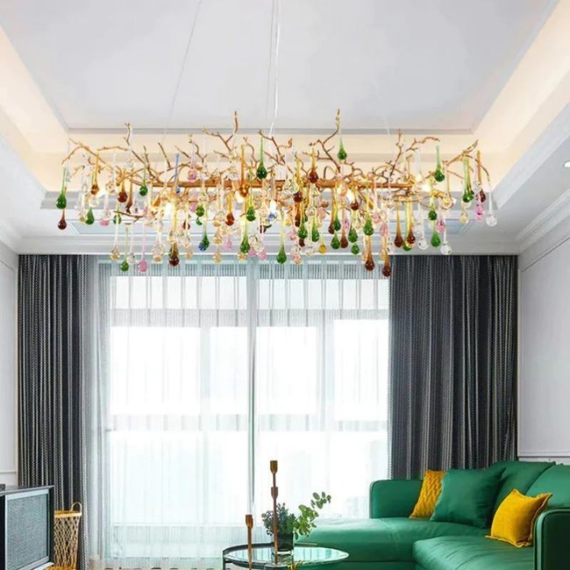 Linear Brass Branch Chandelier with Colored Glass Drops