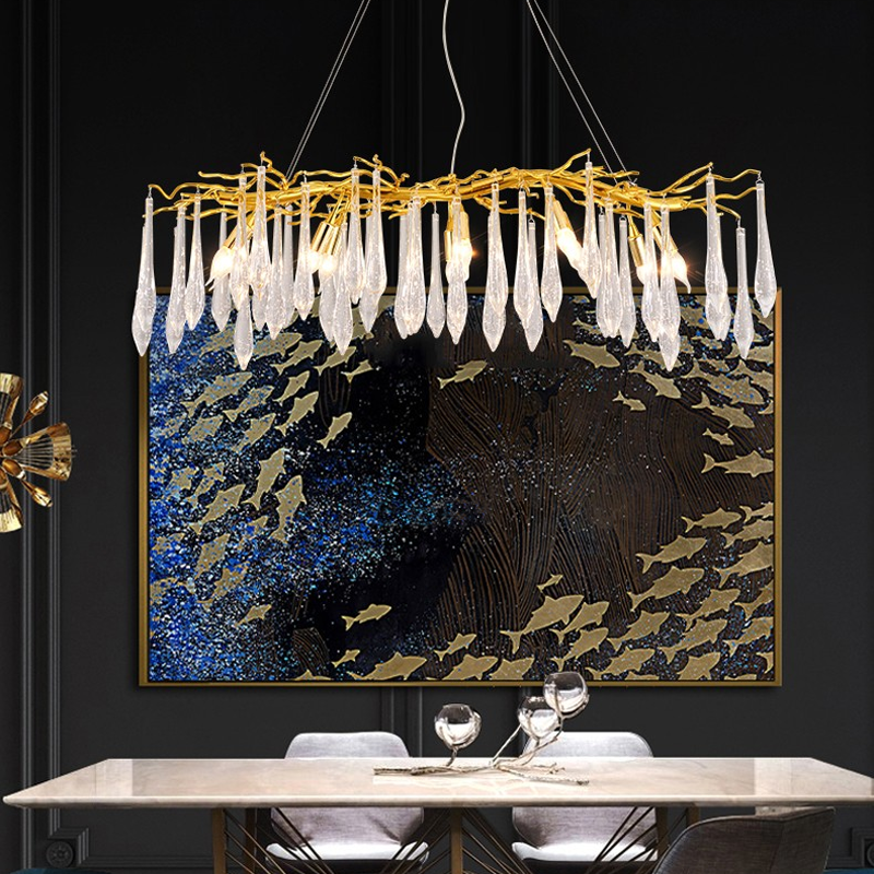 Linear Brass Branch Chandelier with Crystal Droplets