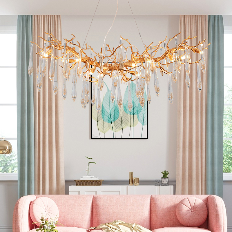 Linear Brass Branch Chandelier with Crystal Drops