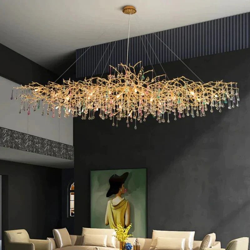 Linear Brass Branch Chandelier with Glass Beads