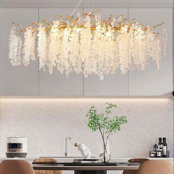Linear Brass Branch Chandelier with Glass Blossoms