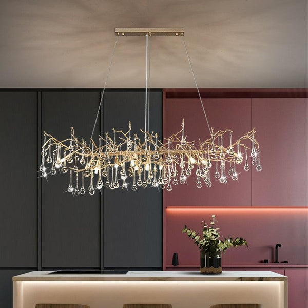 Linear Brass Branch Chandelier with Glass Crystals