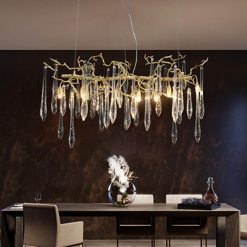 Linear Brass Branch Chandelier with Glass Teardrops