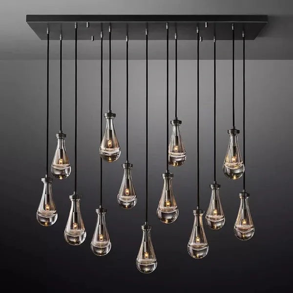 Linear Brass Canopy Chandelier with Blown Glass Drops