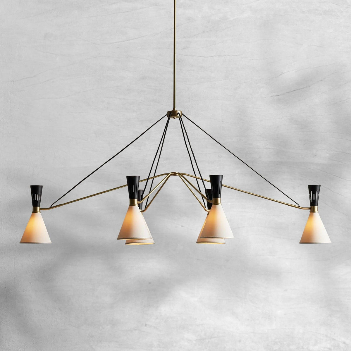 Linear Brass Chandelier with Black Iron Shades