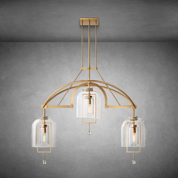 Linear Brass Chandelier with Blown Bubble Glass Shades