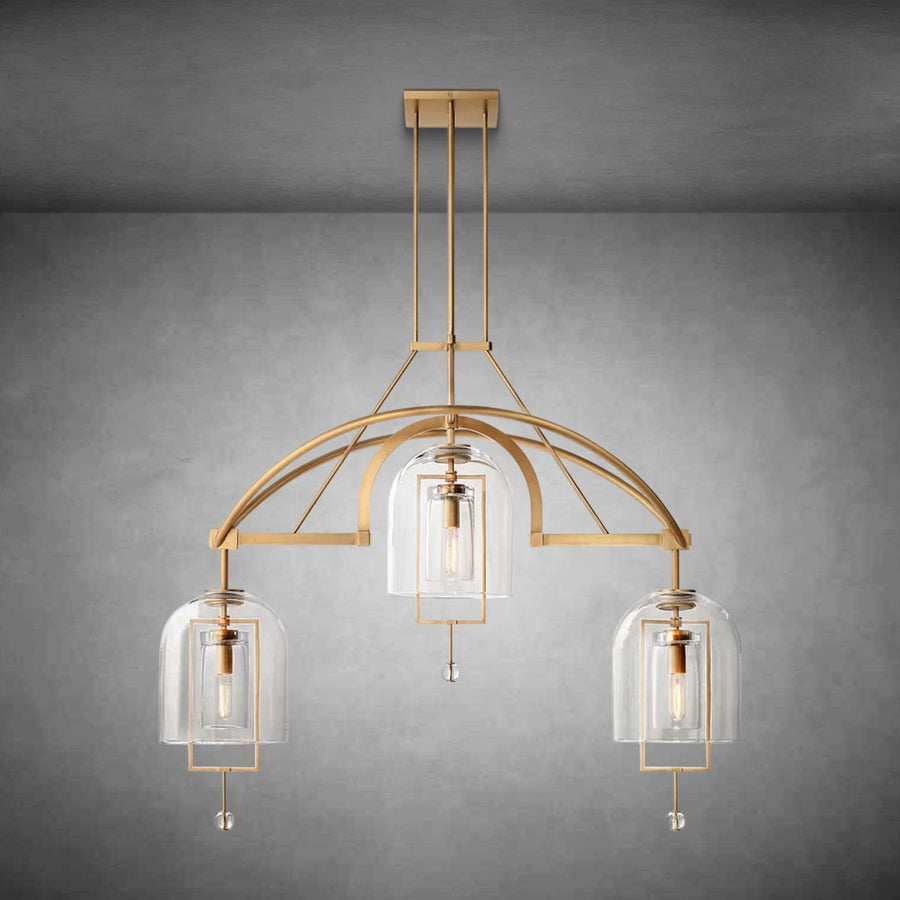 Linear Brass Chandelier with Blown Bubble Glass Shades