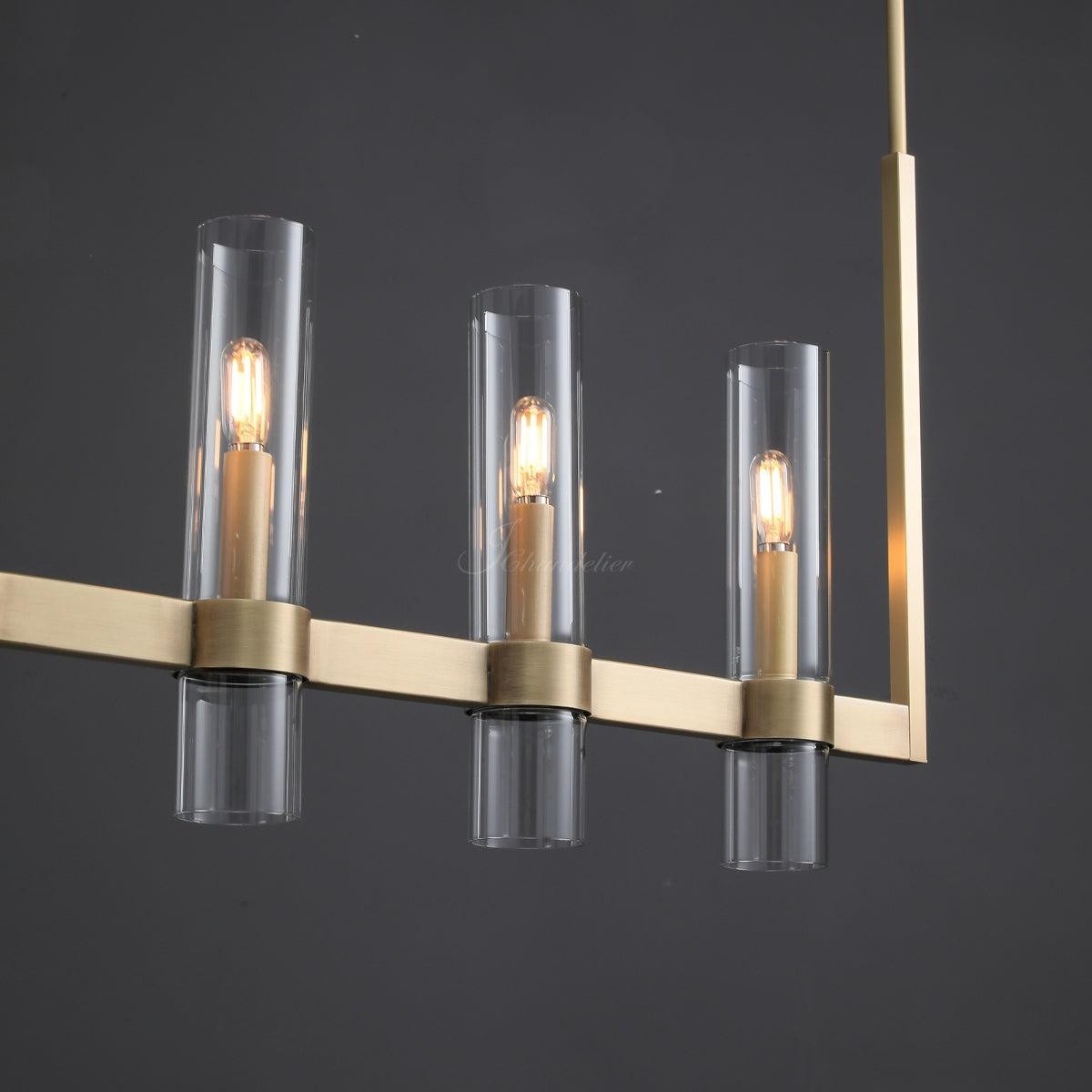 Linear Brass Chandelier with Blown Glass Cylinder Shades