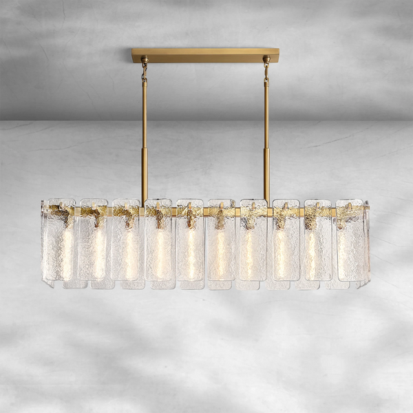 Linear Brass Chandelier with Cast Glass Panels