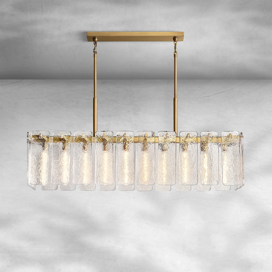 Linear Brass Chandelier with Cast Glass Panels
