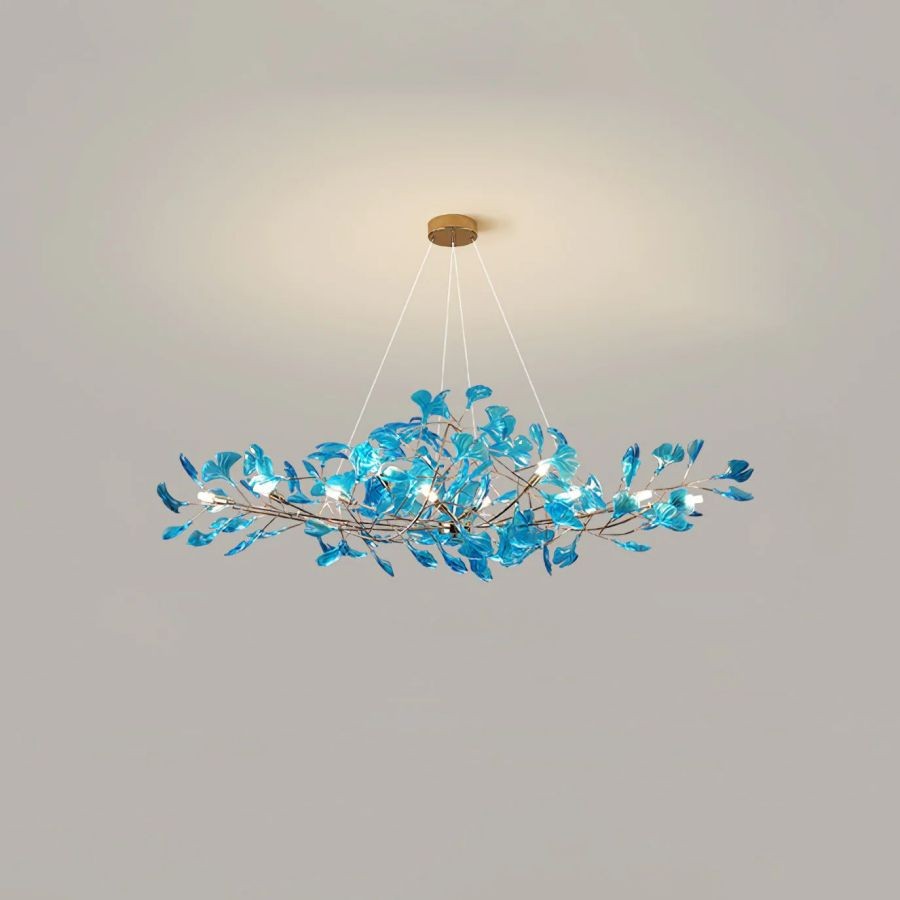 Linear Brass Chandelier with Colored Glass Ginkgo Leaves