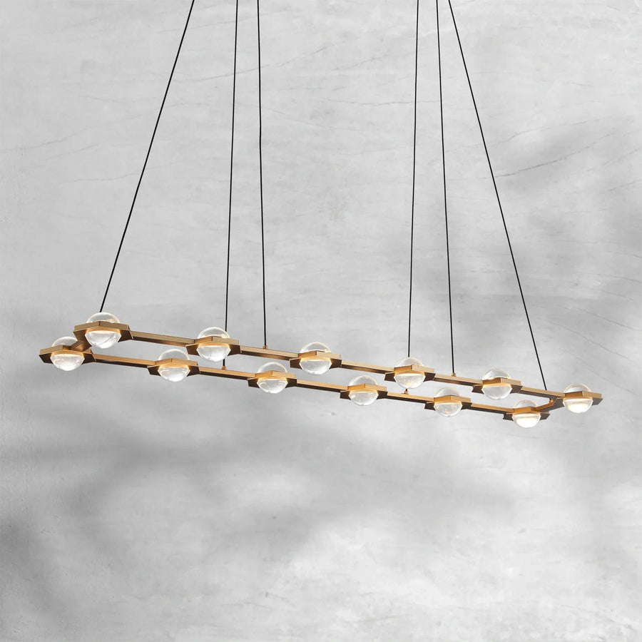 Linear Brass Chandelier with Crystal Orbs