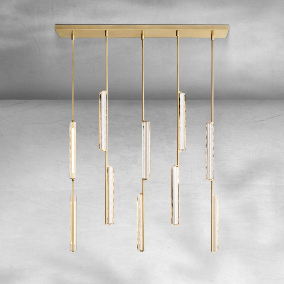 Linear Brass Chandelier with Crystal Prism Drops
