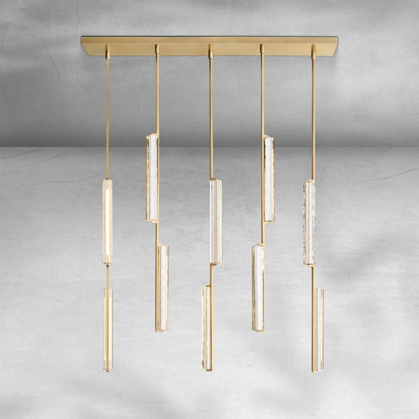 Linear Brass Chandelier with Crystal Prism Drops