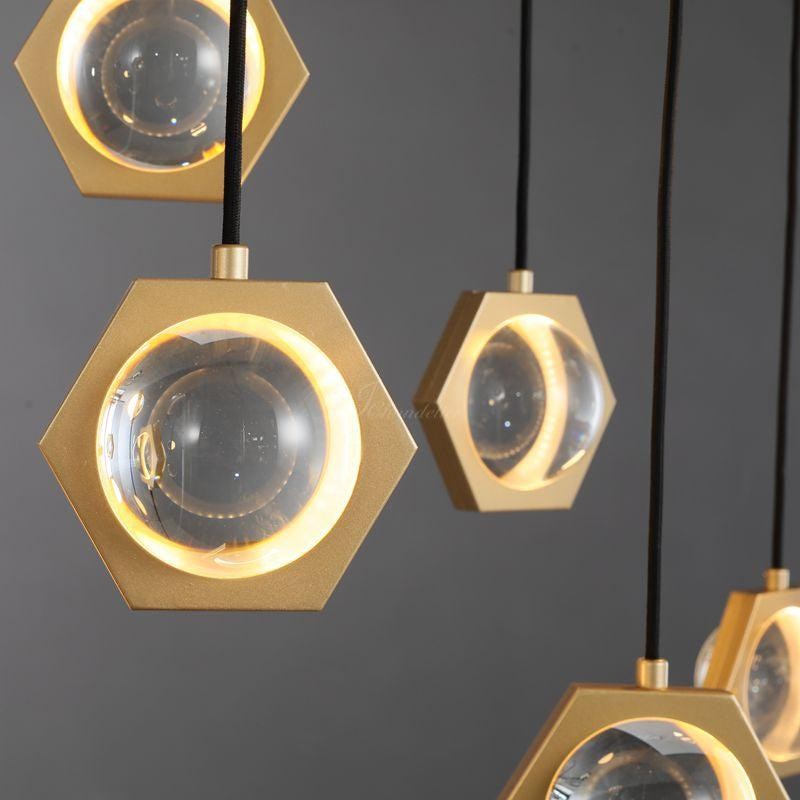 Linear Brass Chandelier with Crystal Spheres