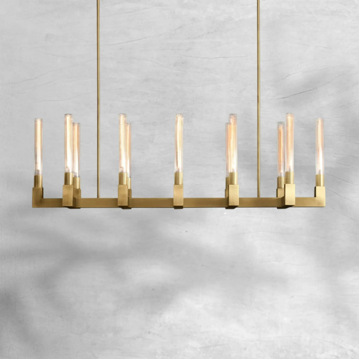 Linear Brass Chandelier with Fluted Glass Hurricanes