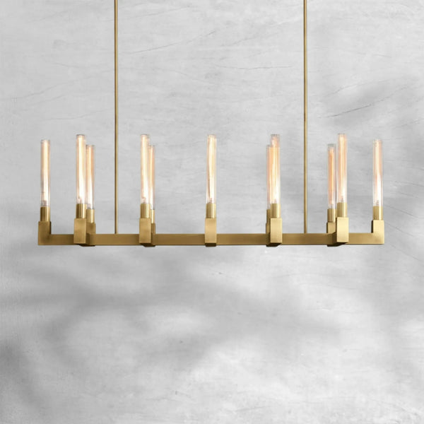 Linear Brass Chandelier with Fluted Glass Hurricanes