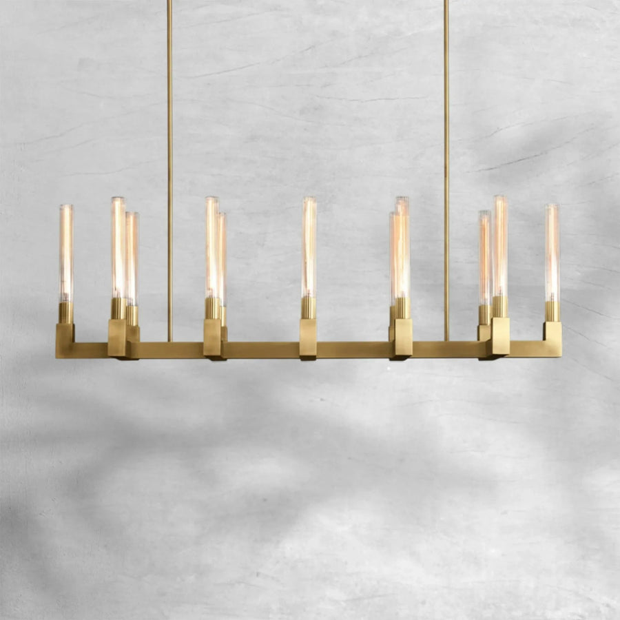 Linear Brass Chandelier with Fluted Glass Hurricanes
