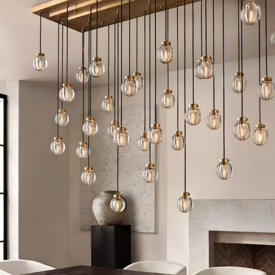 Linear Brass Chandelier with Grooved Crystal Spheres