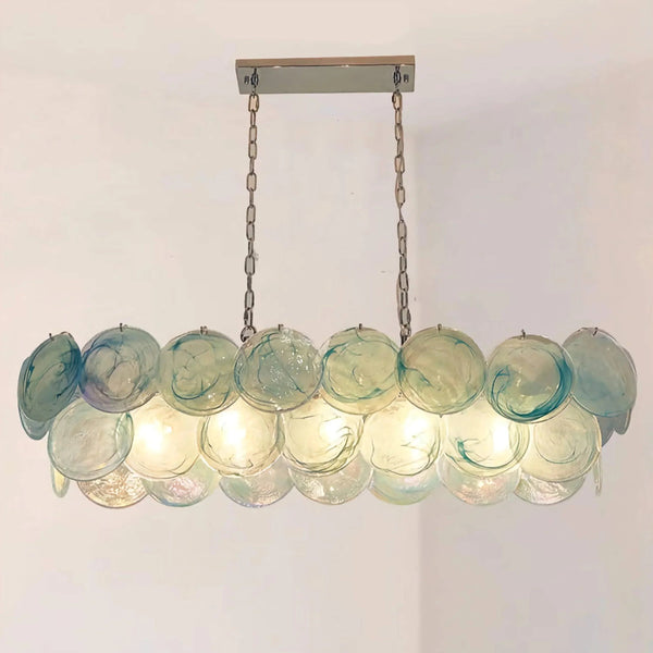 Linear Brass Chandelier with Iridescent Glass Discs