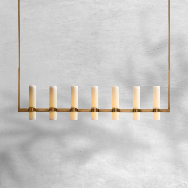 Linear Brass Chandelier with Milk Glass Cylinders