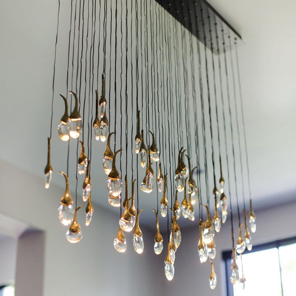 Linear Brass Chandelier with Seed Crystal Clusters
