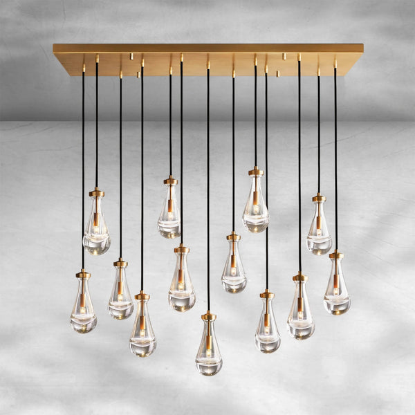 Linear Brass Chandelier with Staggered Blown Glass Drops