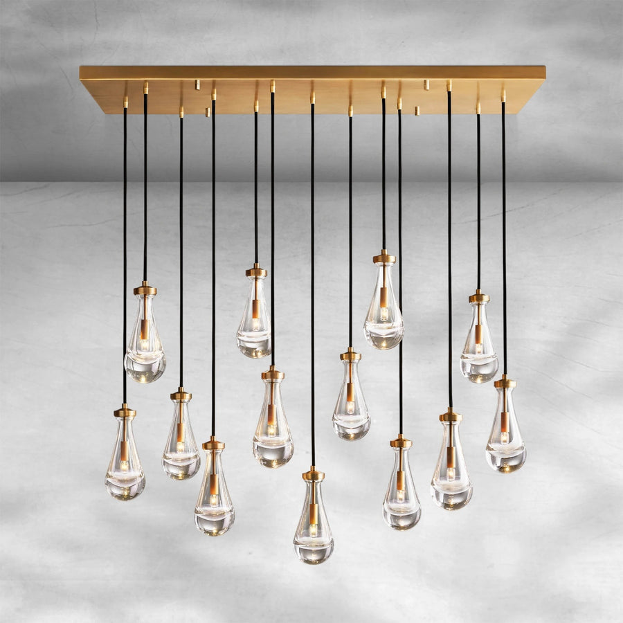 Linear Brass Chandelier with Staggered Blown Glass Drops