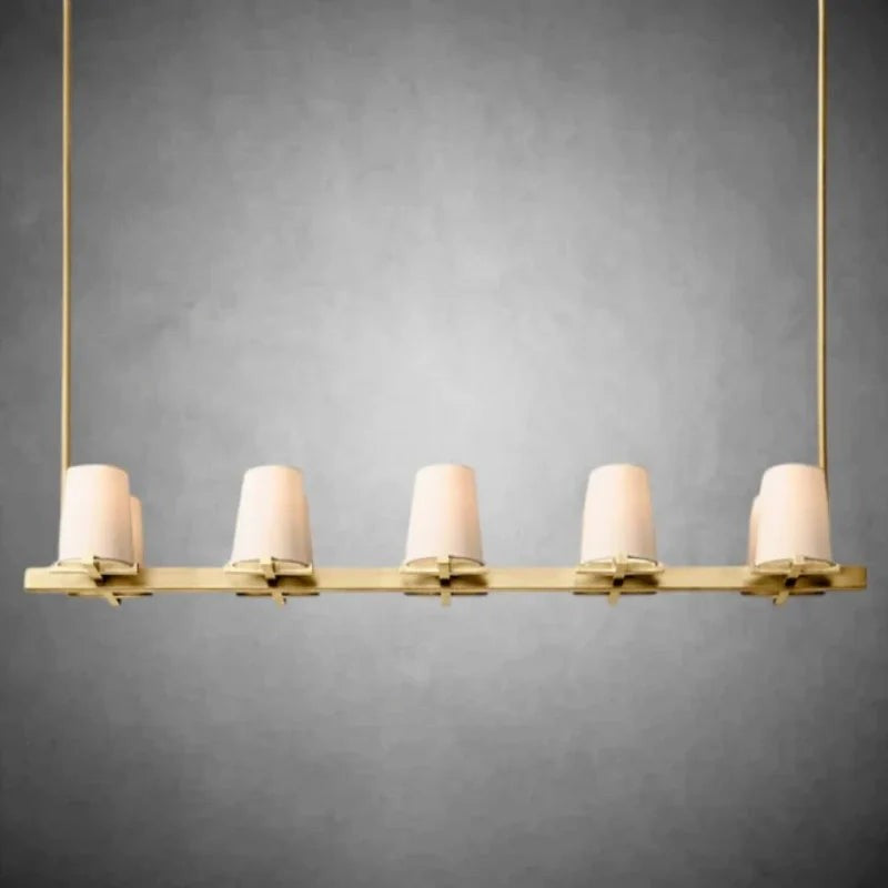 Linear Brass Chandelier with Tapered Linen Shades