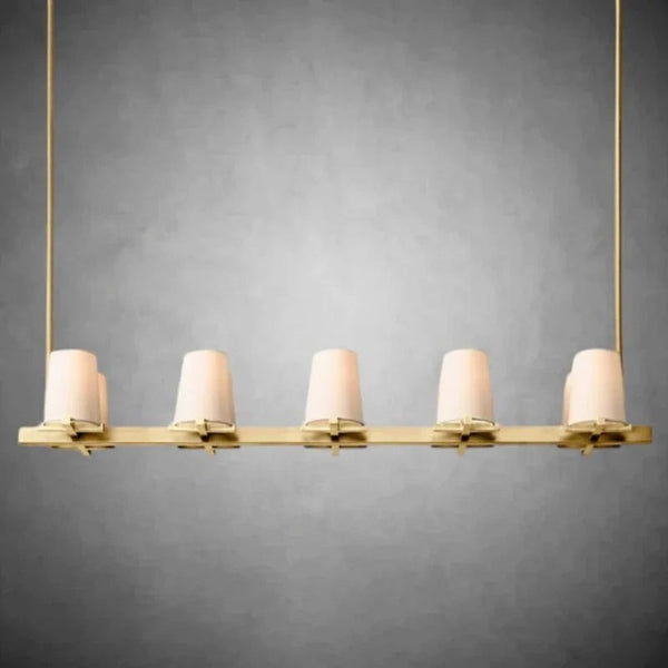 Linear Brass Chandelier with Tapered Linen Shades