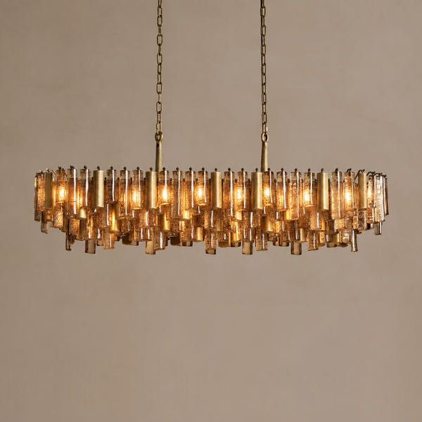 Linear Brass Chandelier with Textured Cast Glass Panels