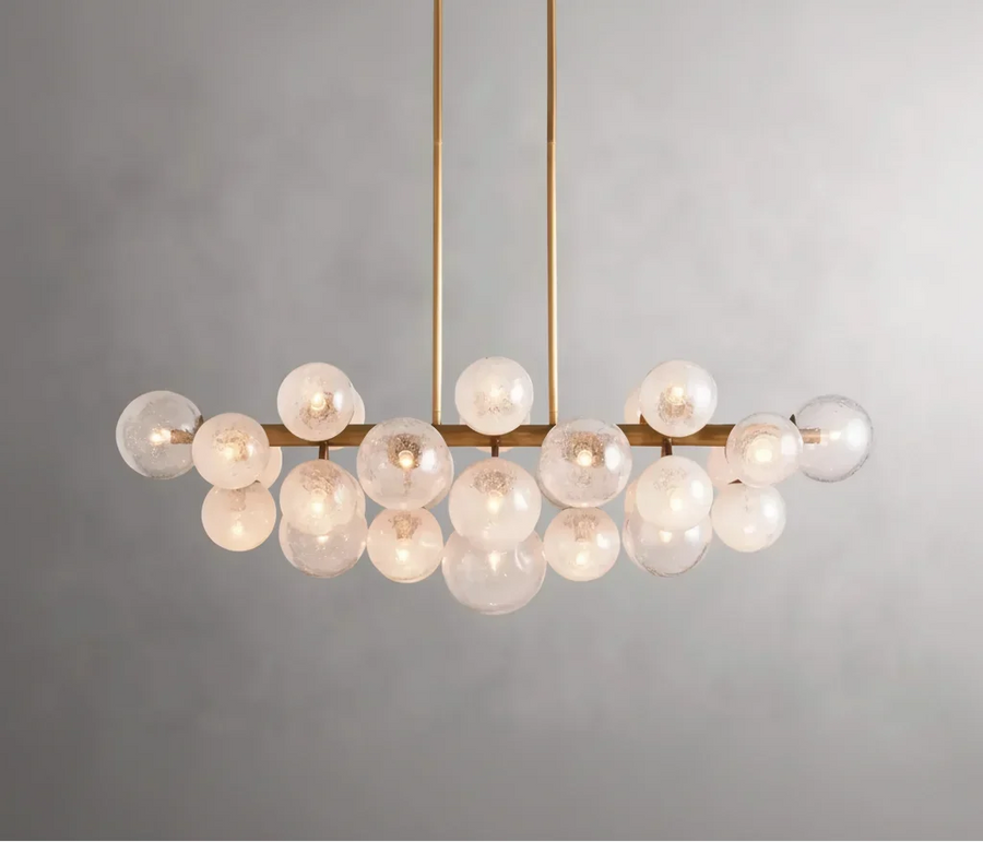 Linear Brass Chandelier with Textured Glass Globe Cluster