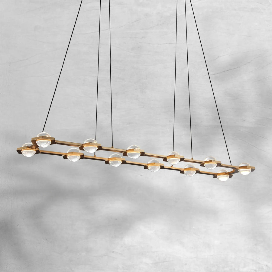 Linear Brass Frame Chandelier with Glass Orbs