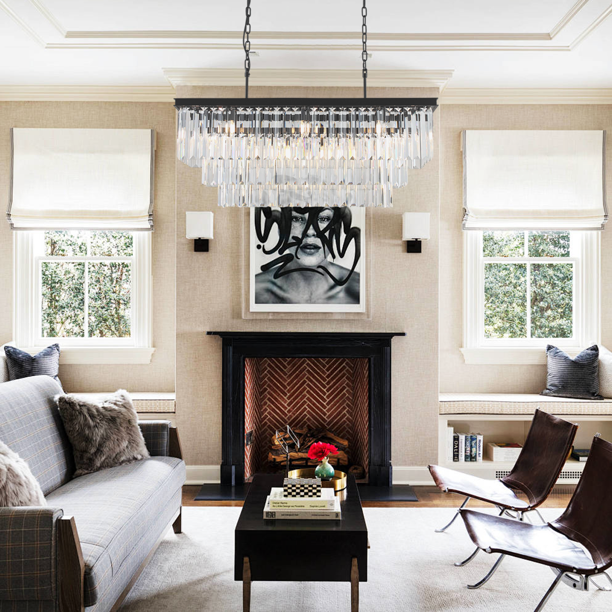 Linear Brass Frame Crystal Prism Chandelier