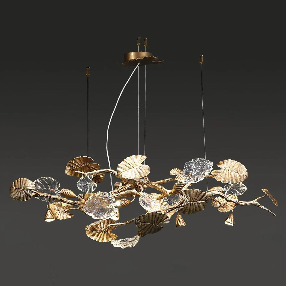 Linear Brass Leaf and Crystal Branch Chandelier