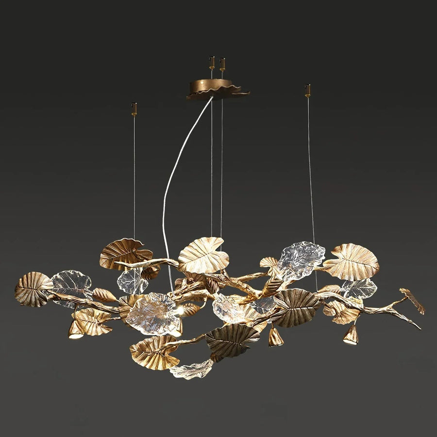 Linear Brass Leaf and Crystal Branch Chandelier