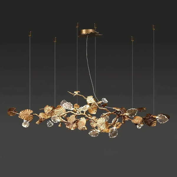 Linear Brass Leaf Branch Chandelier with Crystal