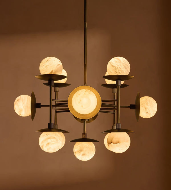Linear Brass Stem Alabaster Globe Chandelier
