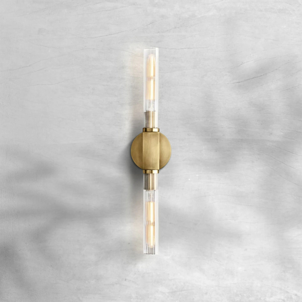Linear Brass Wall Sconce with Ribbed Glass Hurricanes